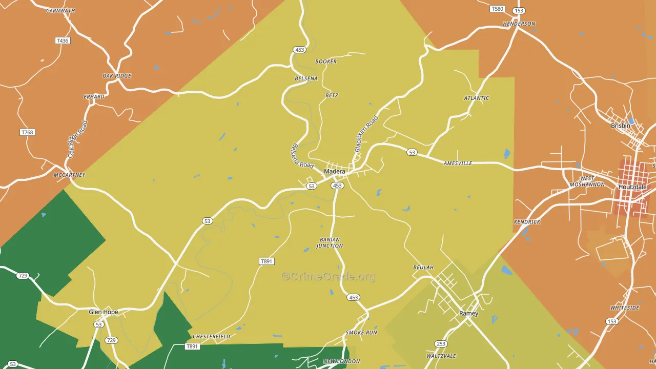 Madera, PA Map of Burglary Rates