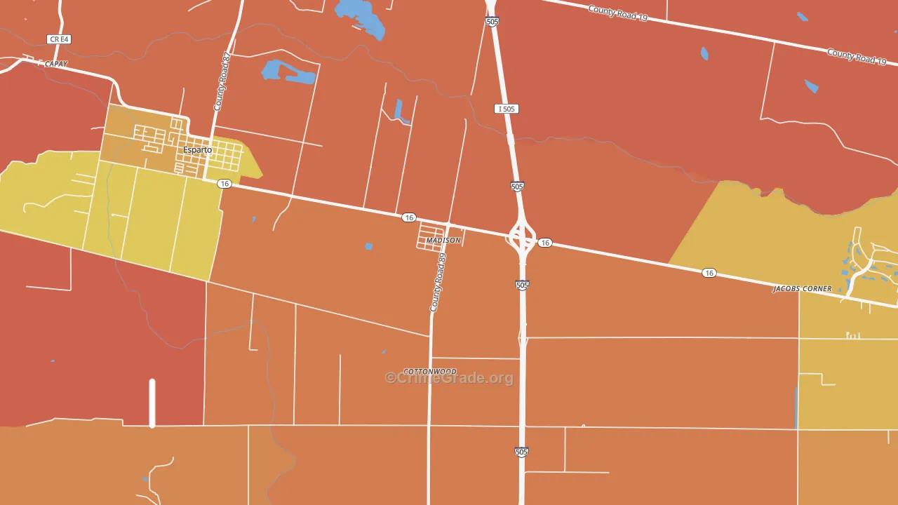Madison, CA Map of Burglary Rates