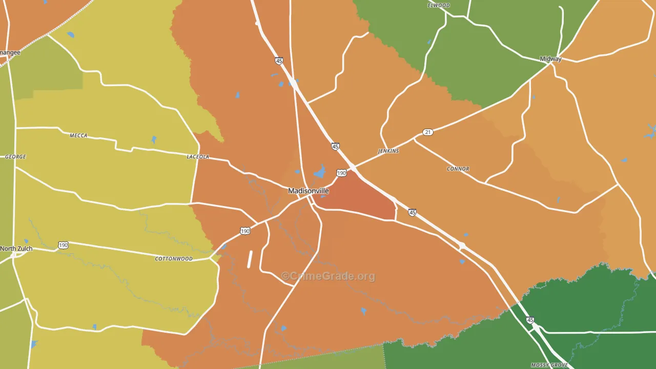 Madison County, TX Map of Burglary Rates