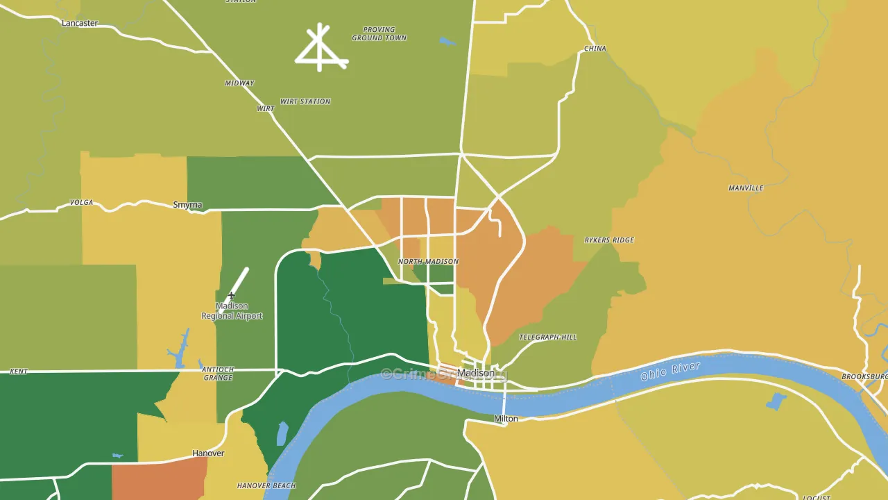 Madison, IN Map of Burglary Rates