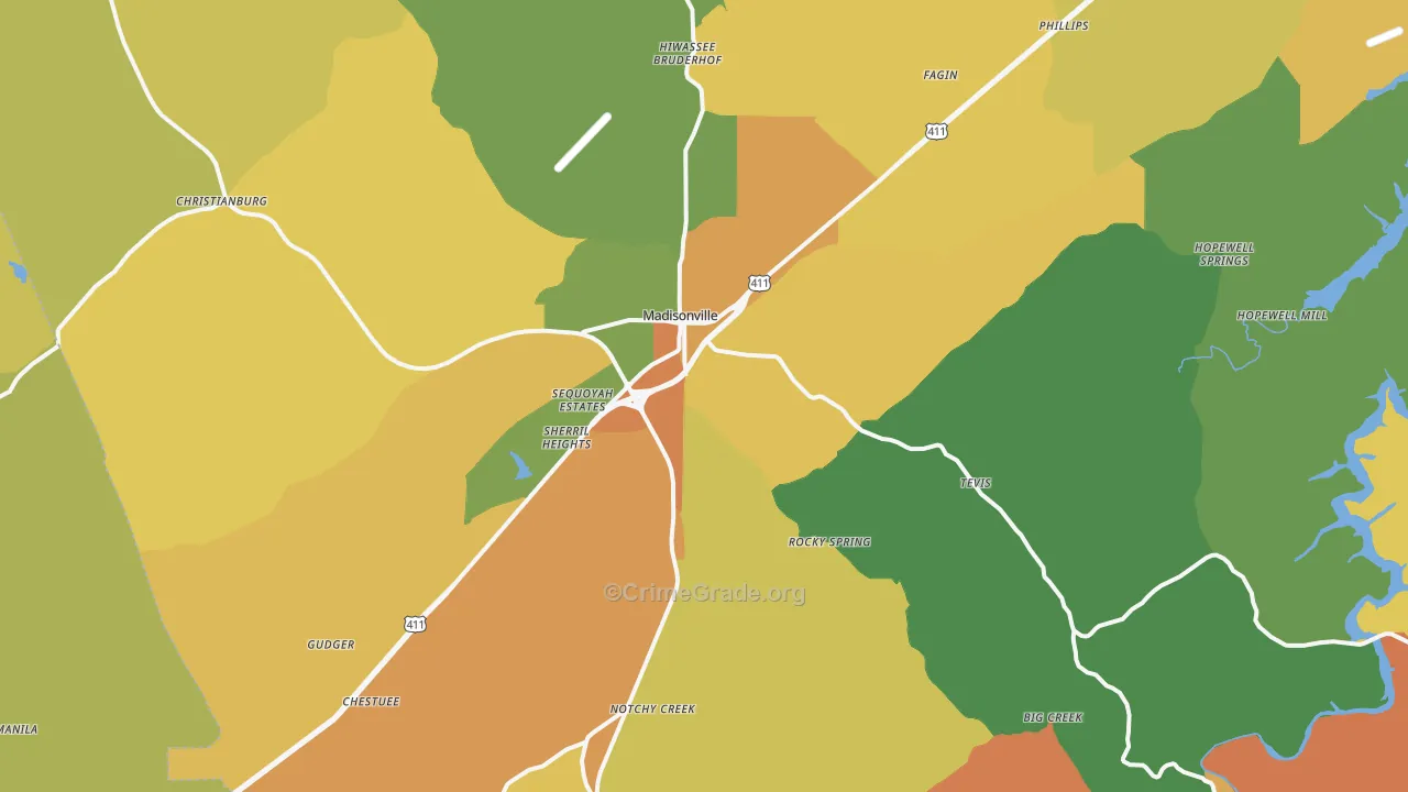 Madisonville, TN Map of Burglary Rates