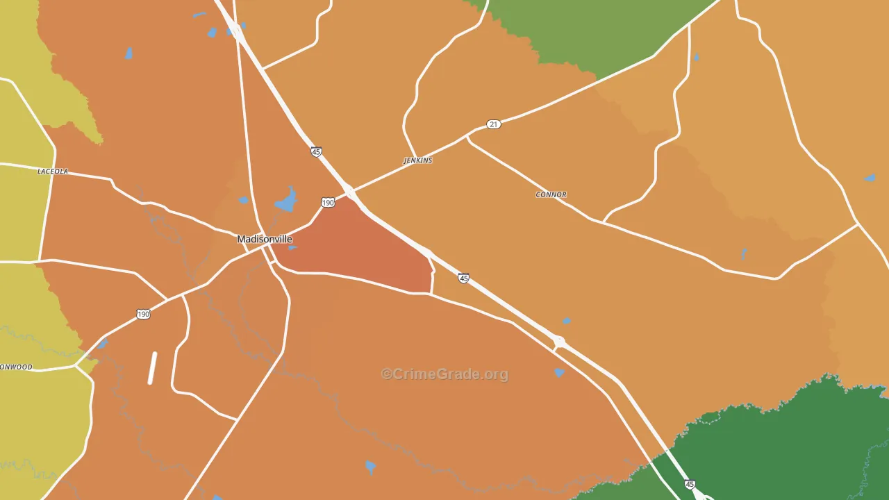 Madisonville, TX Map of Burglary Rates