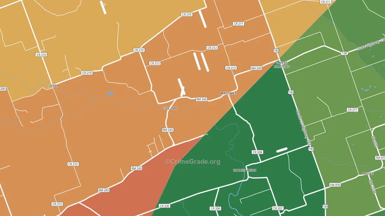 Mahomet, TX Map of Burglary Rates