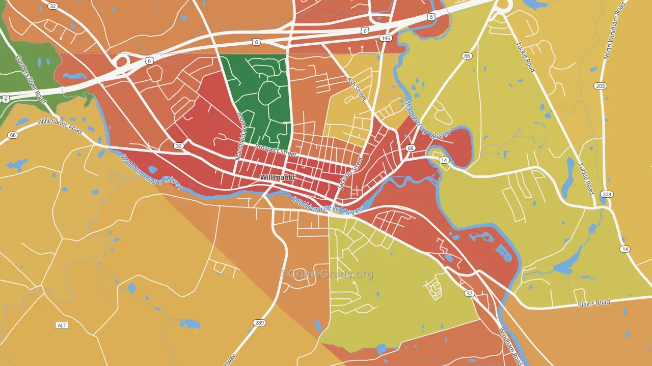 Main Street, Willimantic, CT Map of Burglary Rates