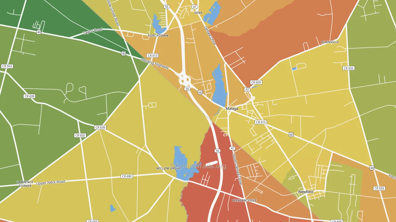 Malaga, NJ Map of Burglary Rates