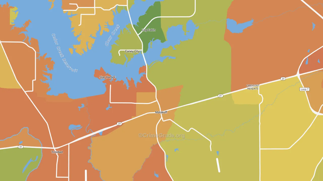 Malakoff, TX Map of Burglary Rates