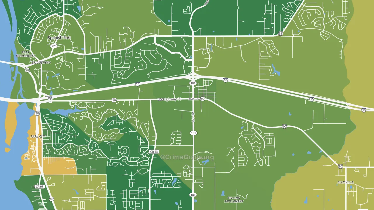 Malbis, AL Map of Burglary Rates