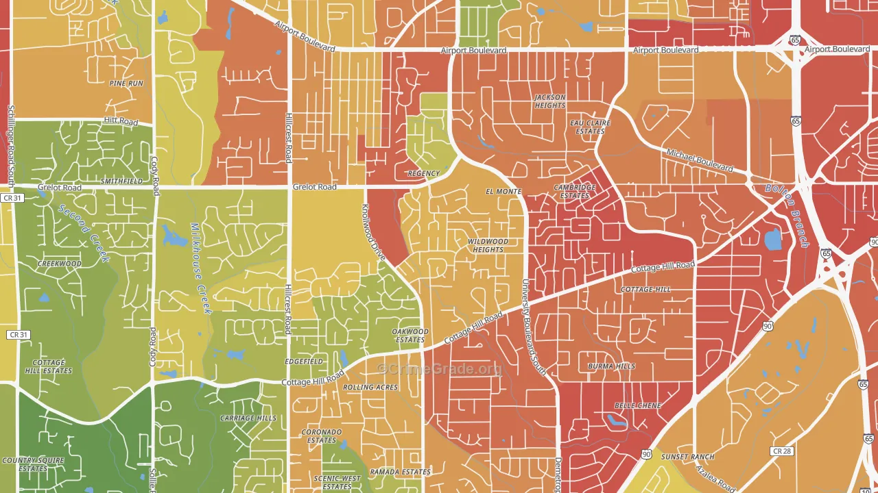 Malibar Heights, Mobile, AL Map of Burglary Rates