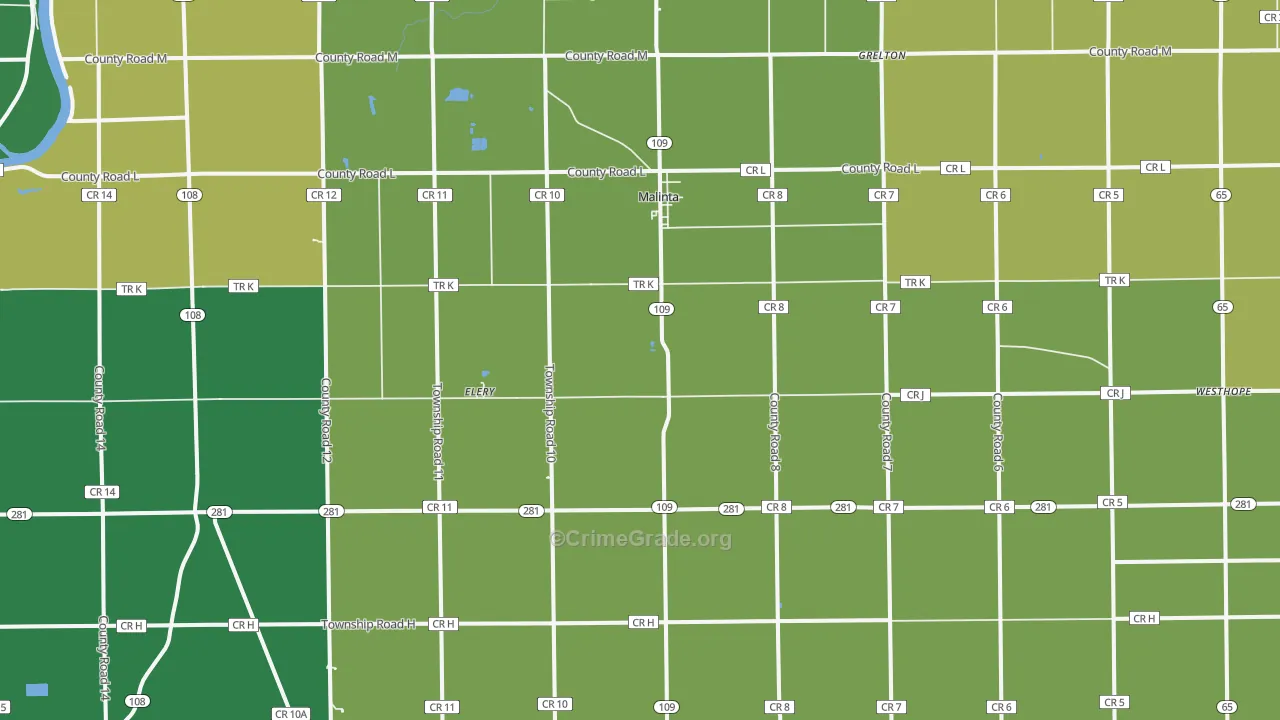 Malinta, OH Map of Burglary Rates
