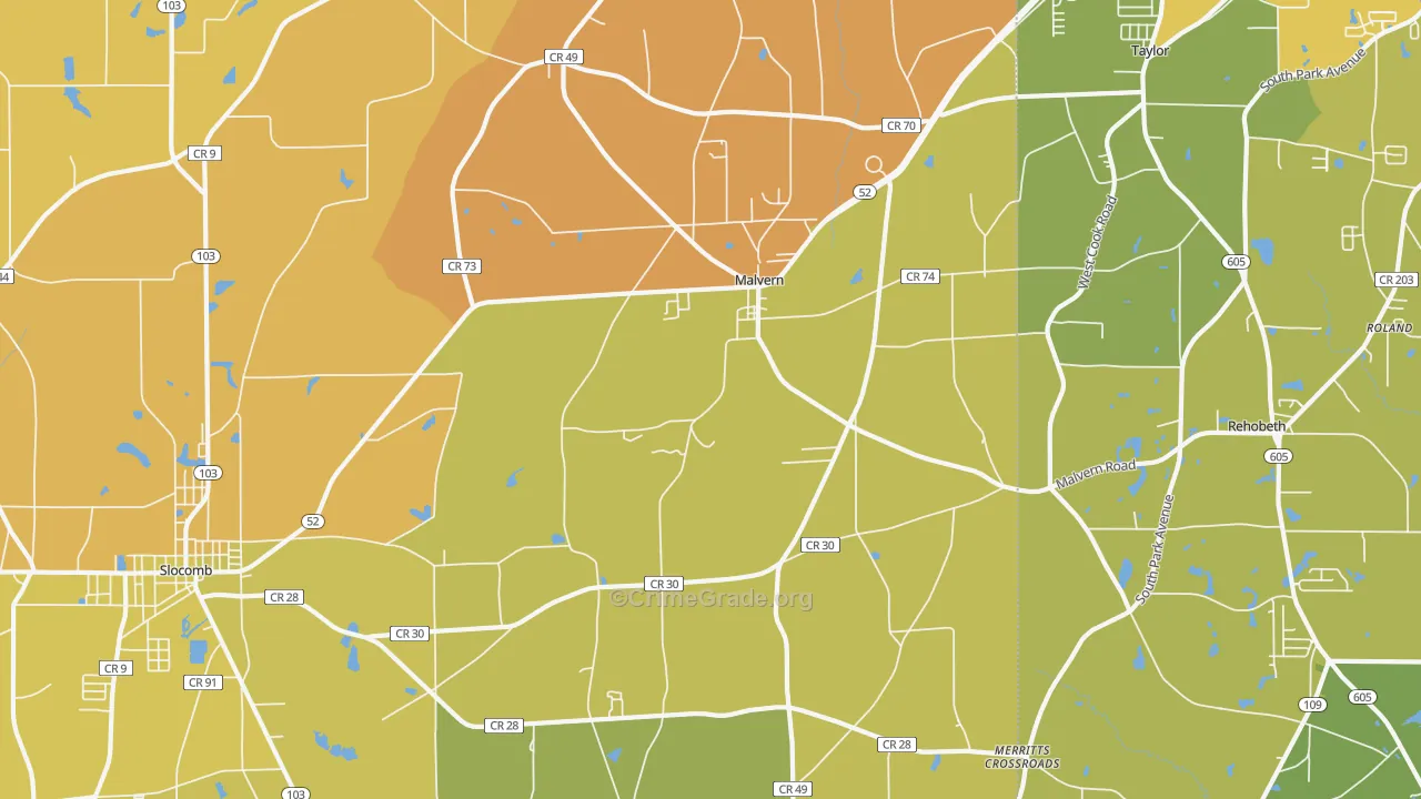 Malvern, AL Map of Burglary Rates