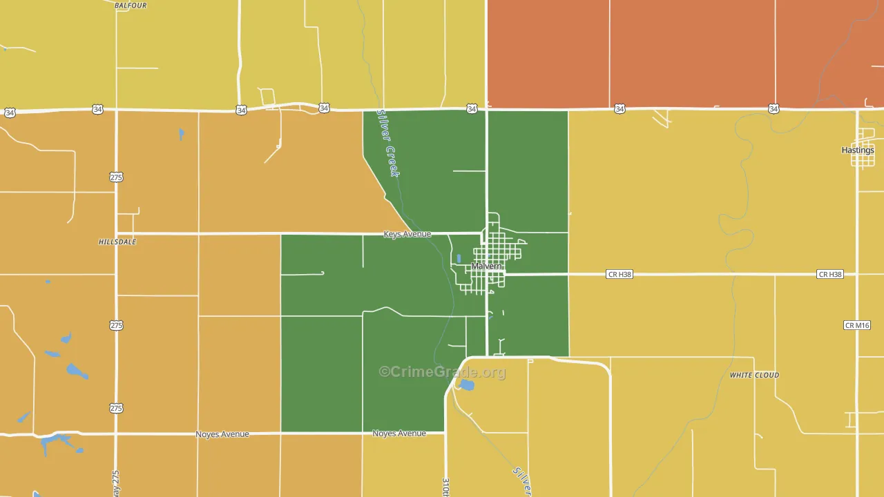 Malvern, IA Map of Burglary Rates