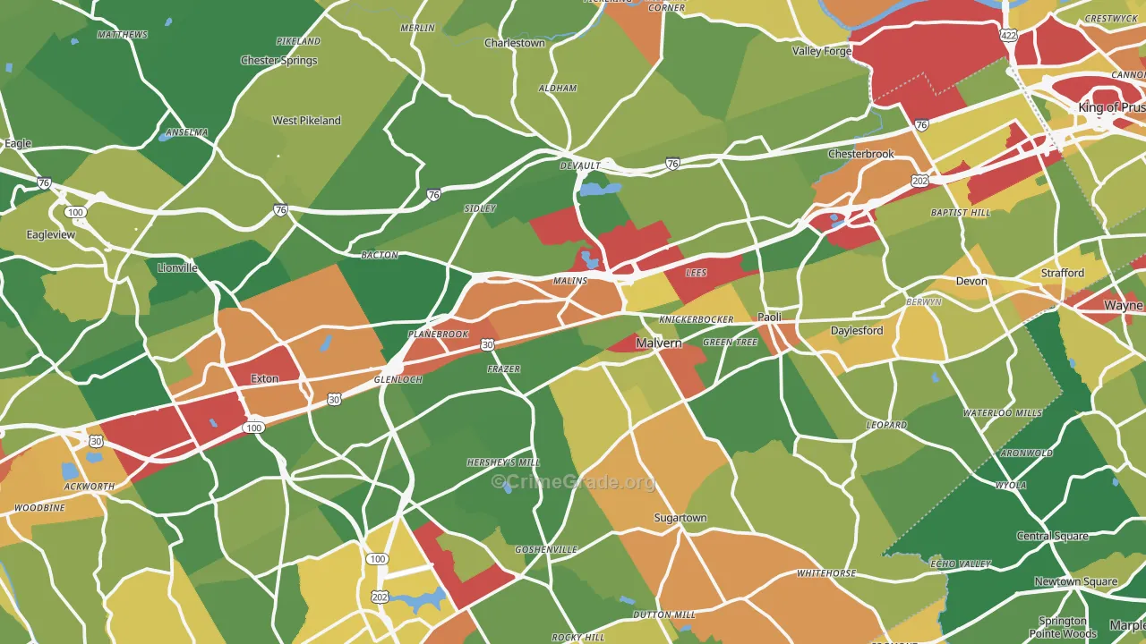 Malvern, PA Map of Burglary Rates
