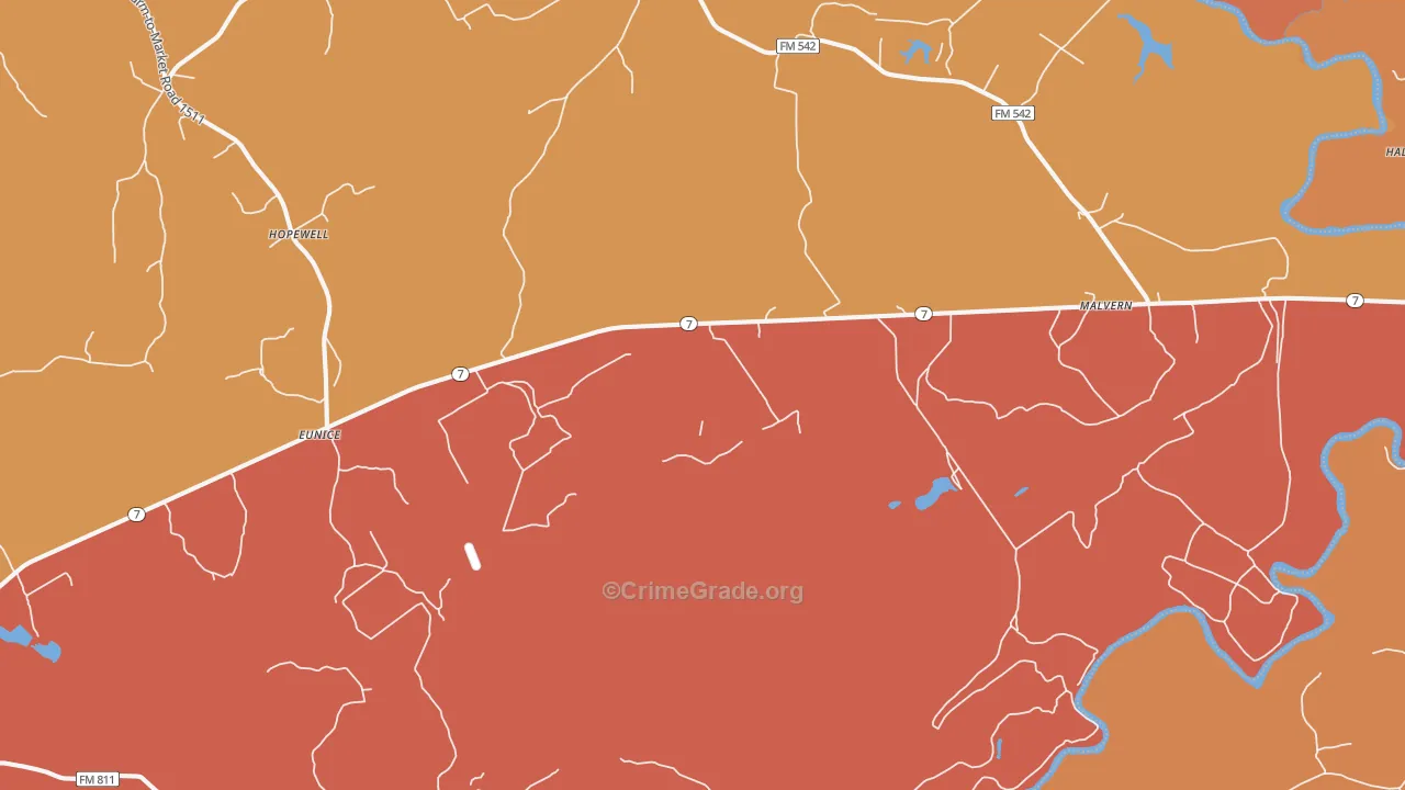 Malvern, TX Map of Burglary Rates