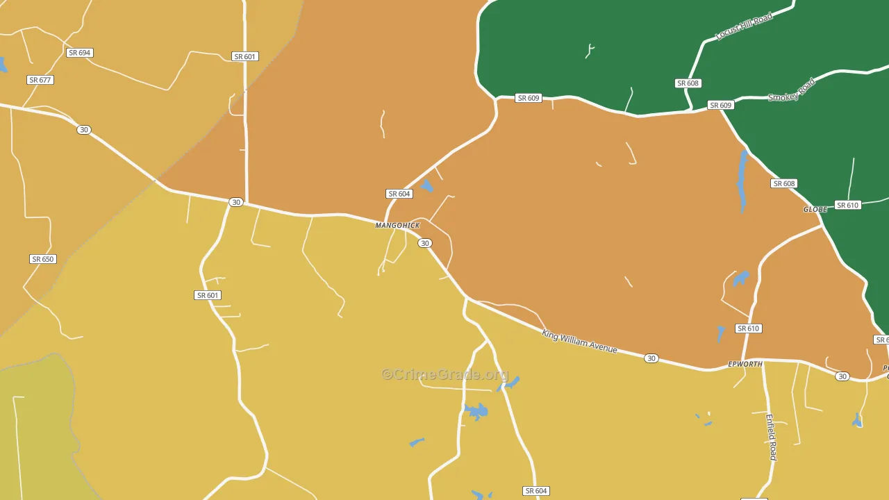 Mangohick, VA Map of Burglary Rates
