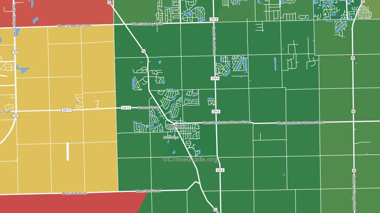 Manhattan, IL Map of Burglary Rates