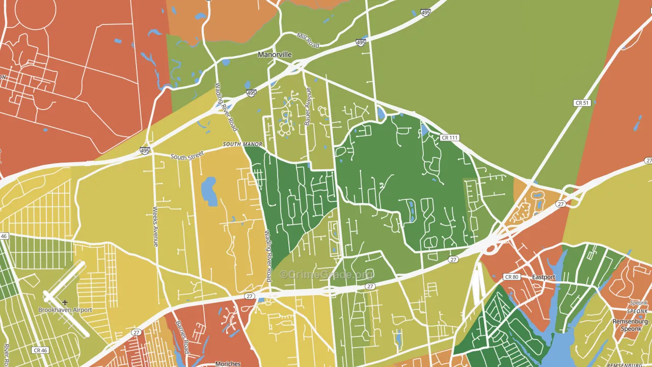 Manorville, NY Map of Burglary Rates