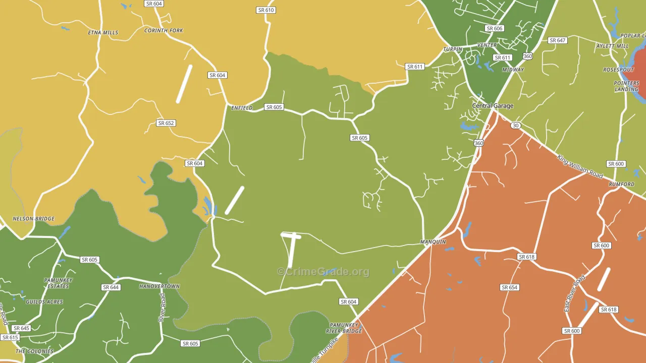 Manquin, VA Map of Burglary Rates