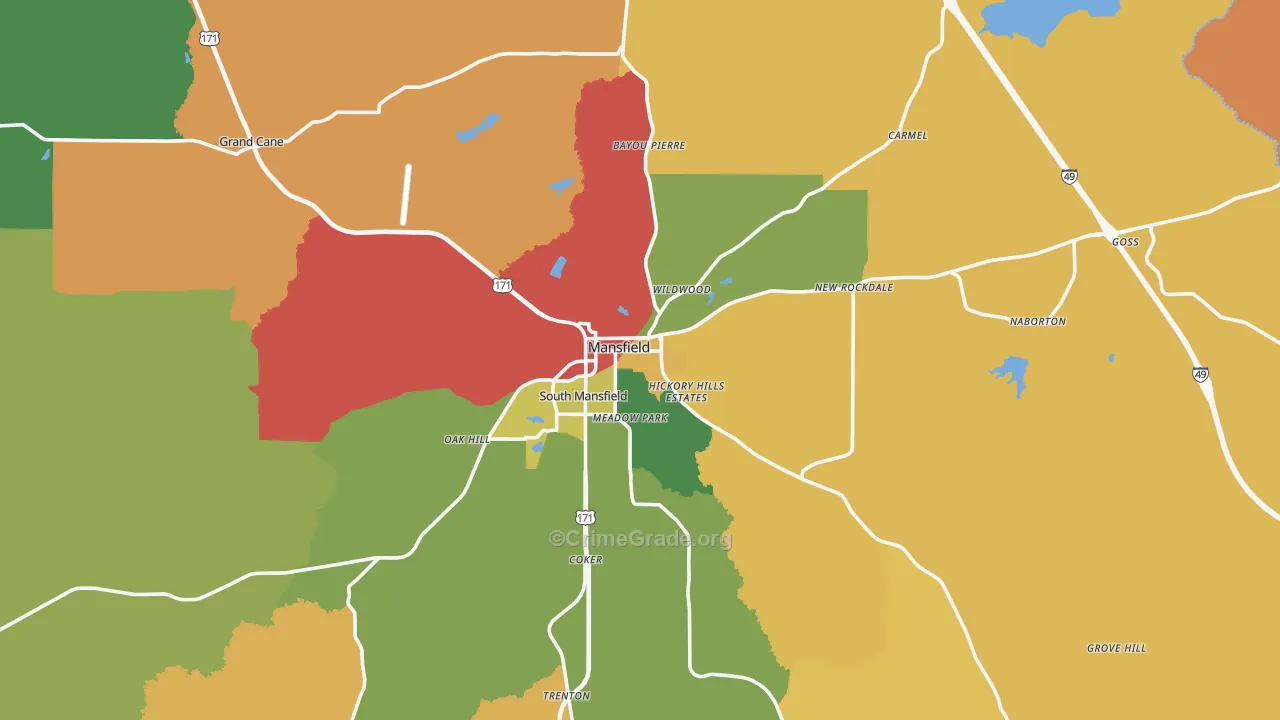 Mansfield, LA Map of Burglary Rates