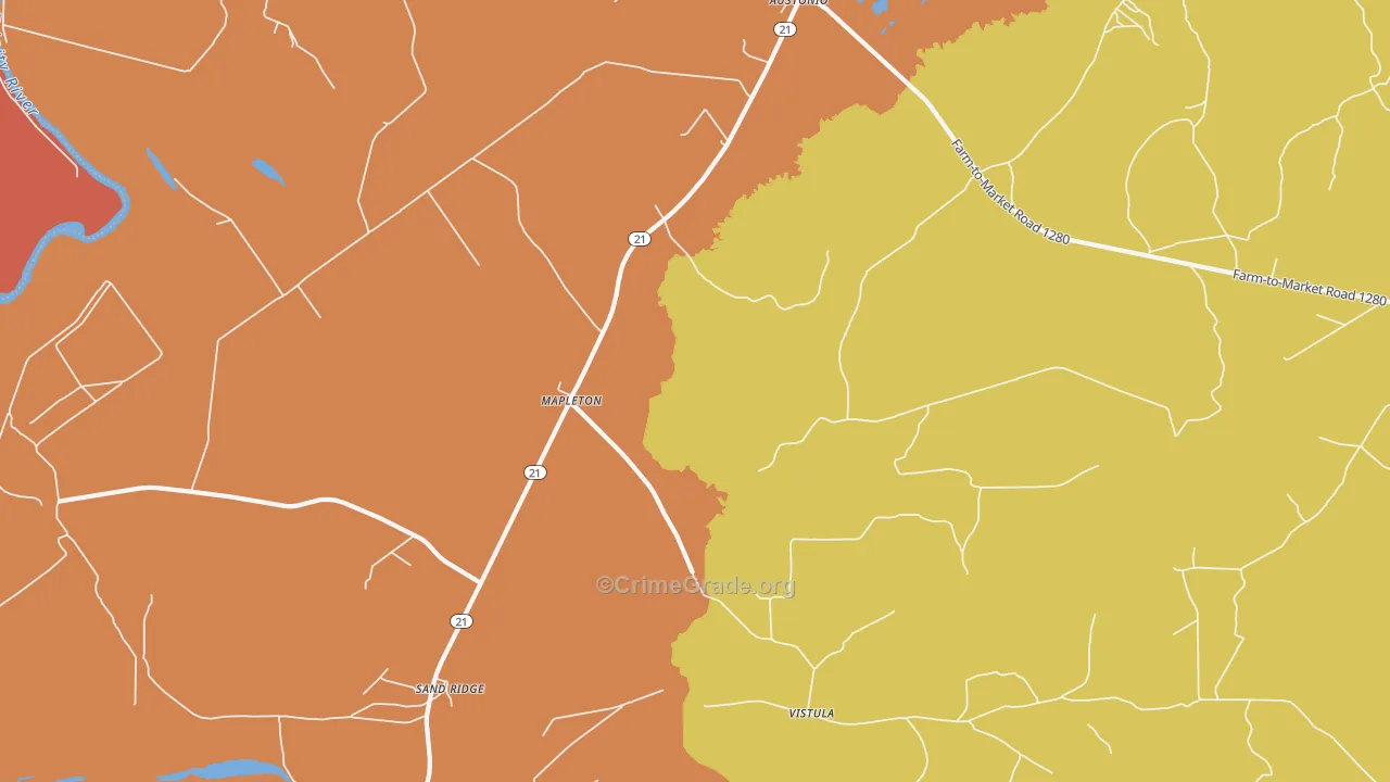 Mapleton, TX Map of Burglary Rates