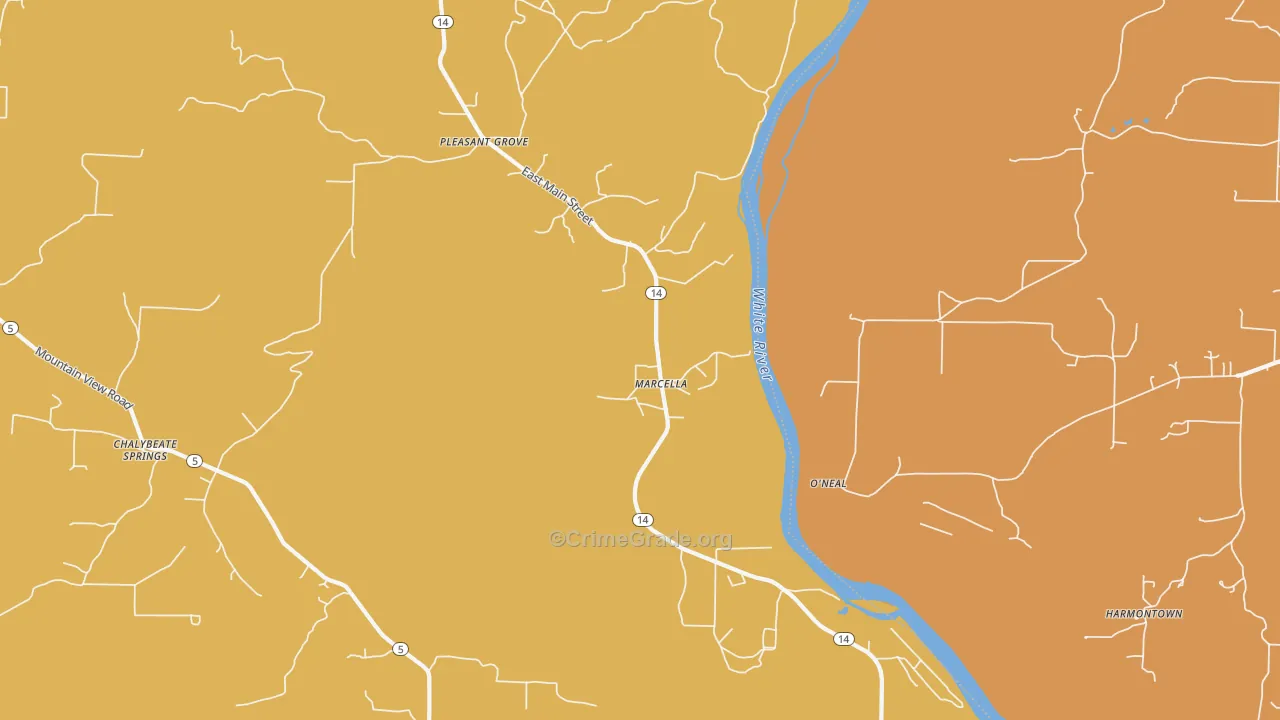 Marcella, AR Map of Burglary Rates