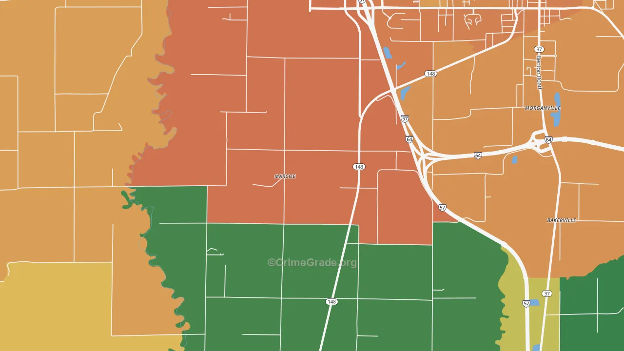 Marcoe, IL Map of Burglary Rates