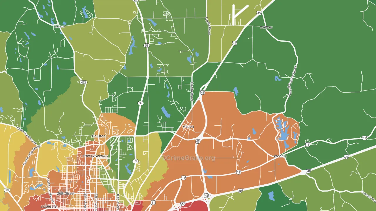 Marion, MS Map of Burglary Rates