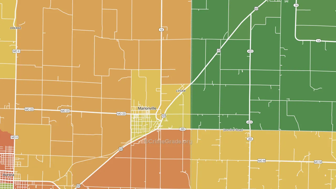 Marionville, MO Map of Burglary Rates