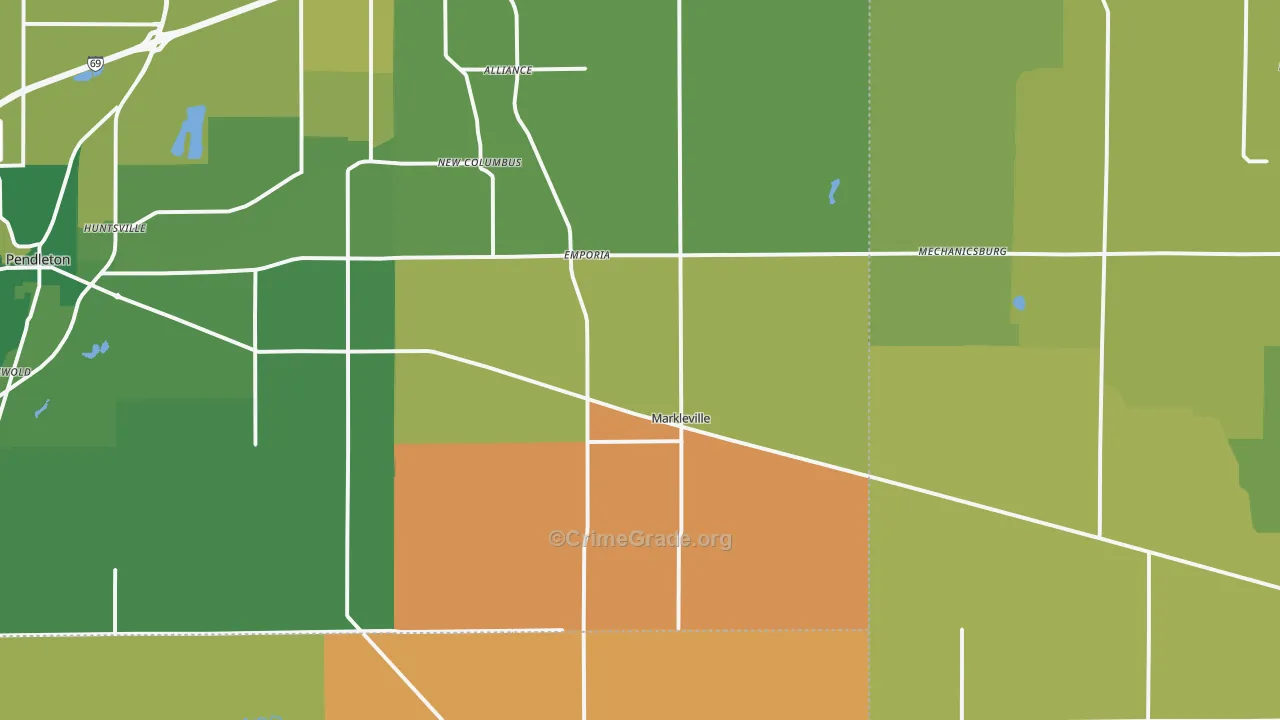 Markleville, IN Map of Burglary Rates