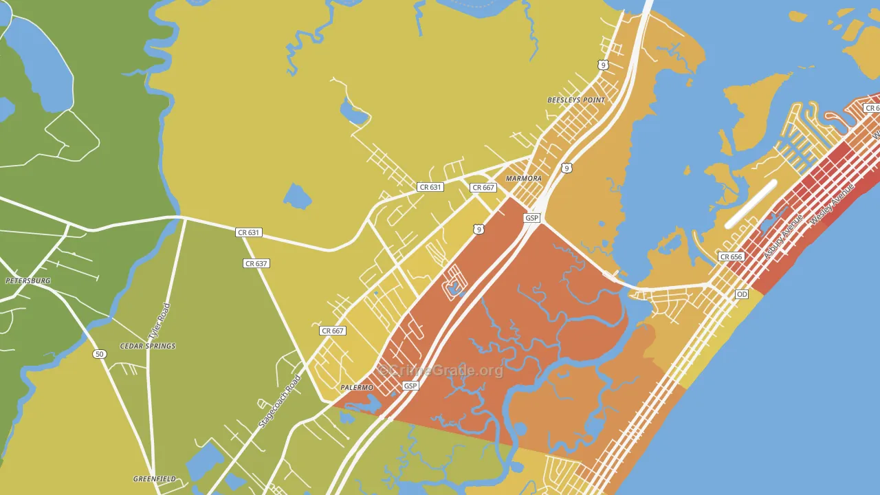 Marmora, NJ Map of Burglary Rates
