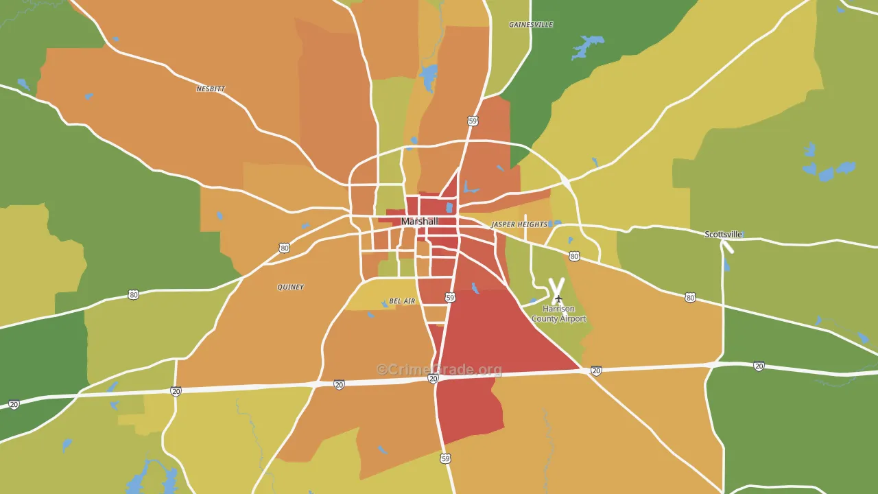Marshall, TX Map of Burglary Rates
