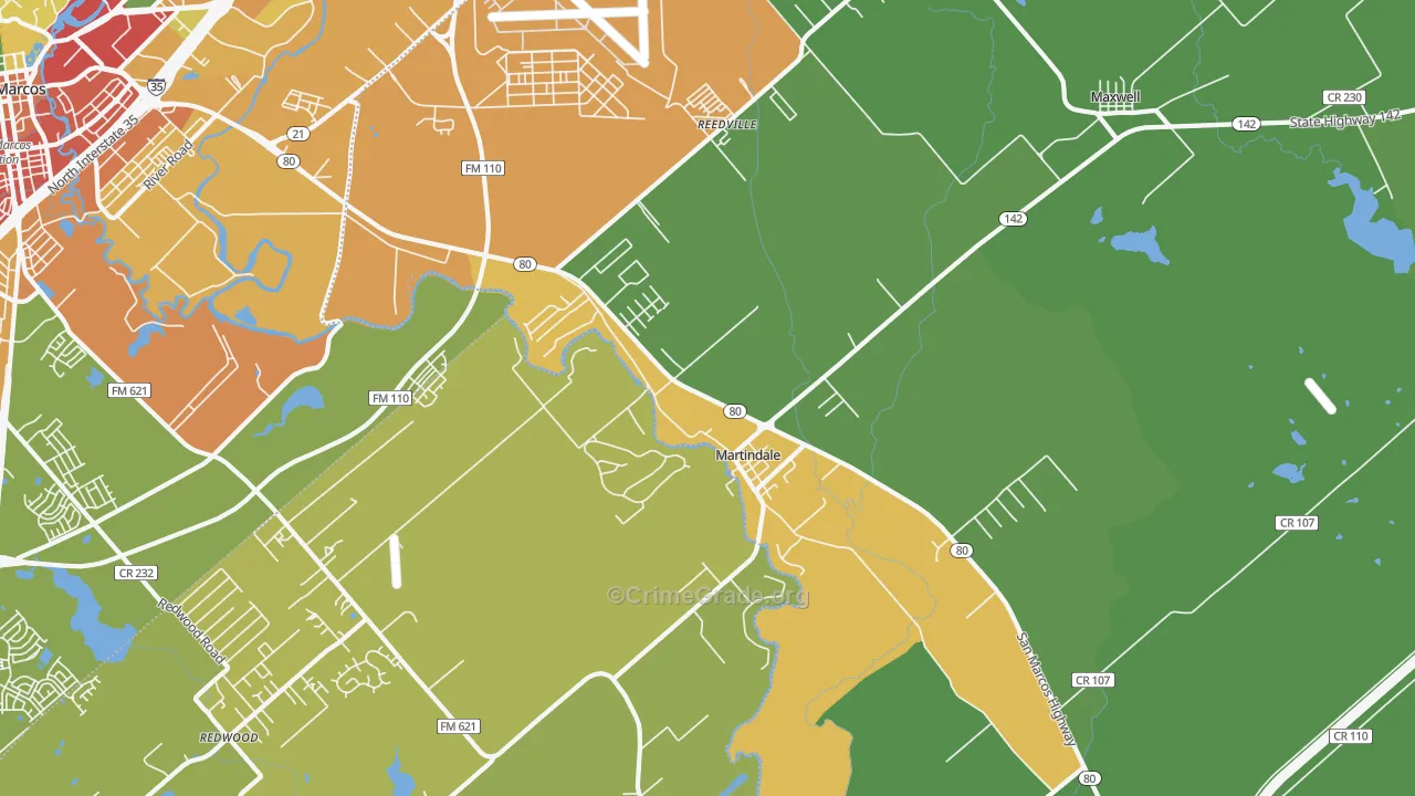Martindale, TX Map of Burglary Rates