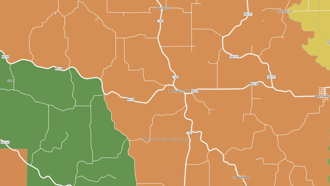Martinstown, MO Map of Burglary Rates