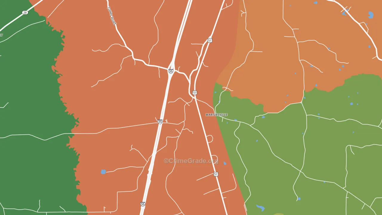 Martinsville, MS Map of Burglary Rates