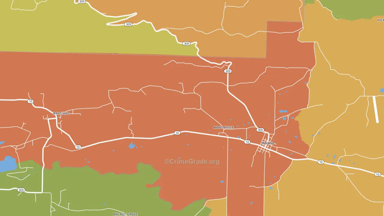 Marvinville, AR Map of Burglary Rates
