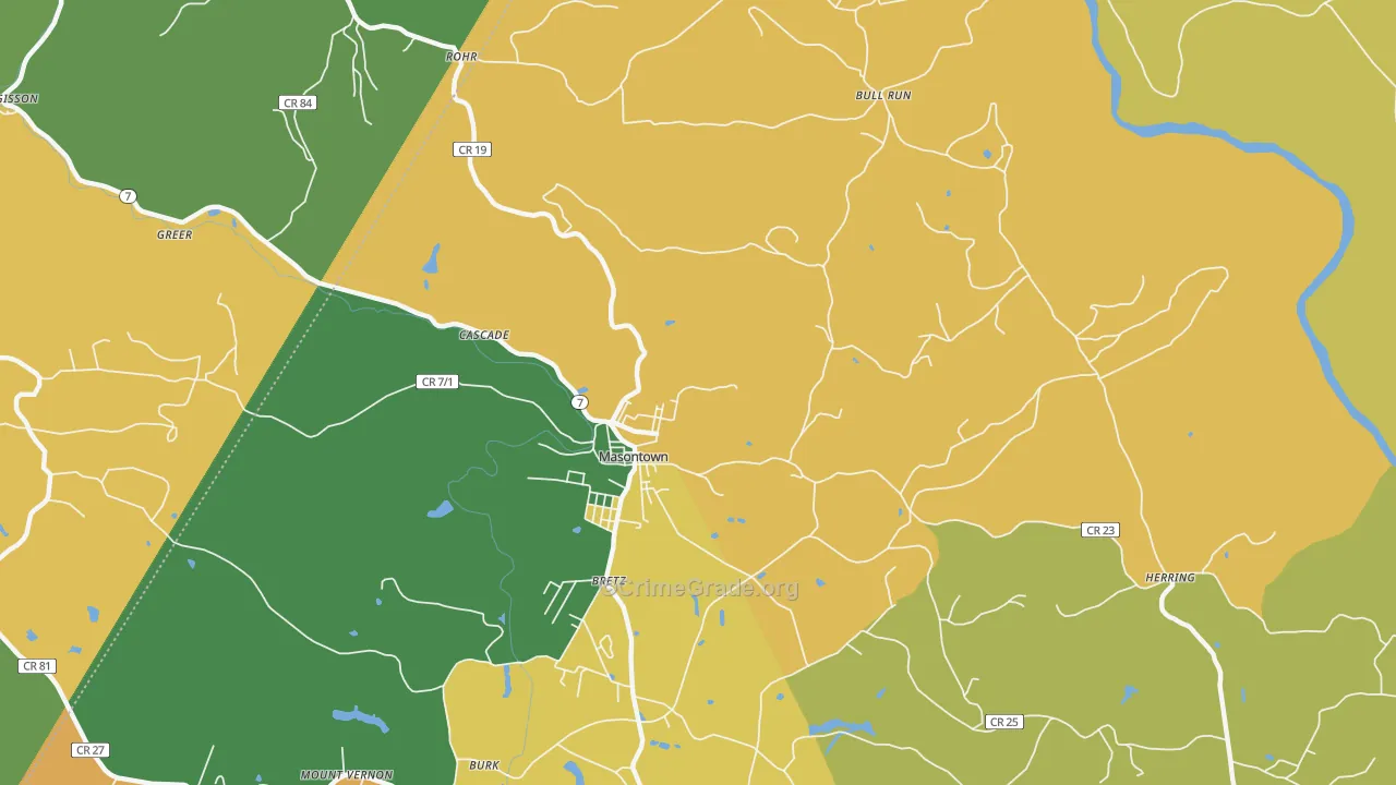 Masontown, WV Map of Burglary Rates