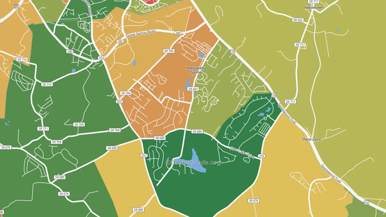 Massanetta Springs, VA Map of Burglary Rates