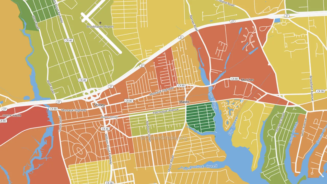 Mastic, NY Map of Burglary Rates