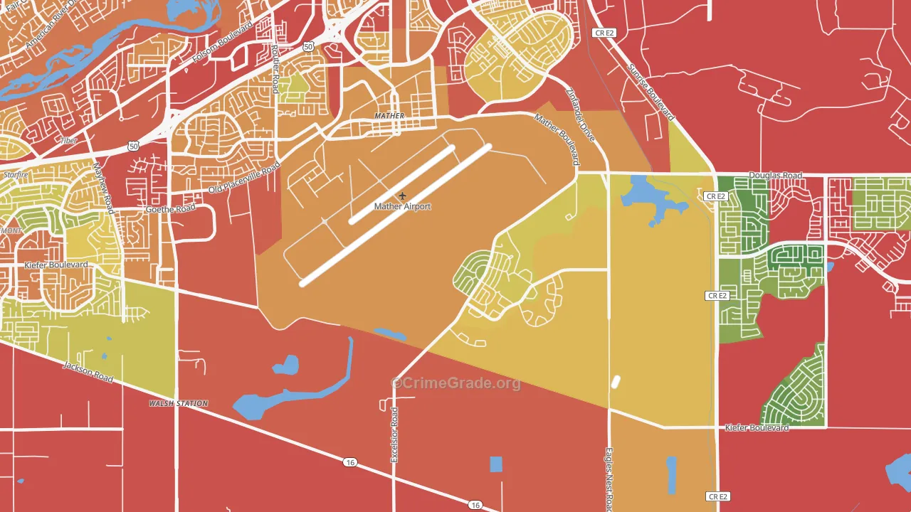 Mather, CA Map of Burglary Rates
