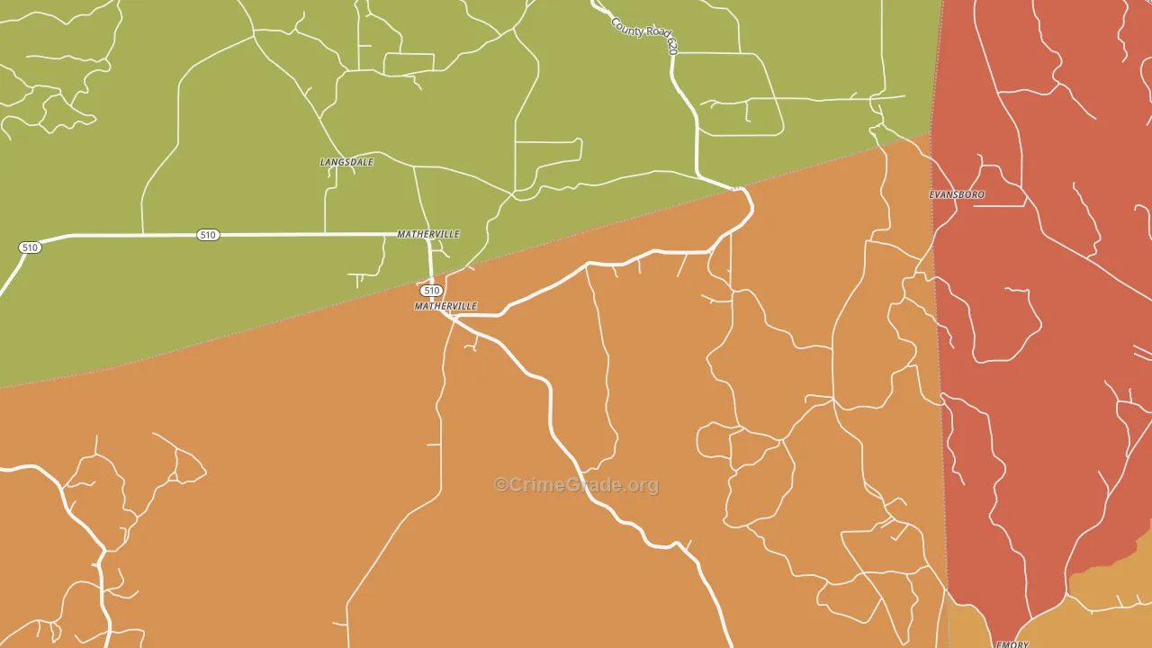 Matherville, MS Map of Burglary Rates