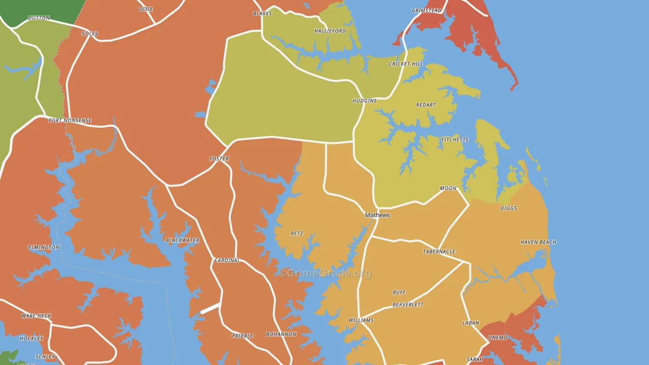 Mathews County, VA Map of Burglary Rates