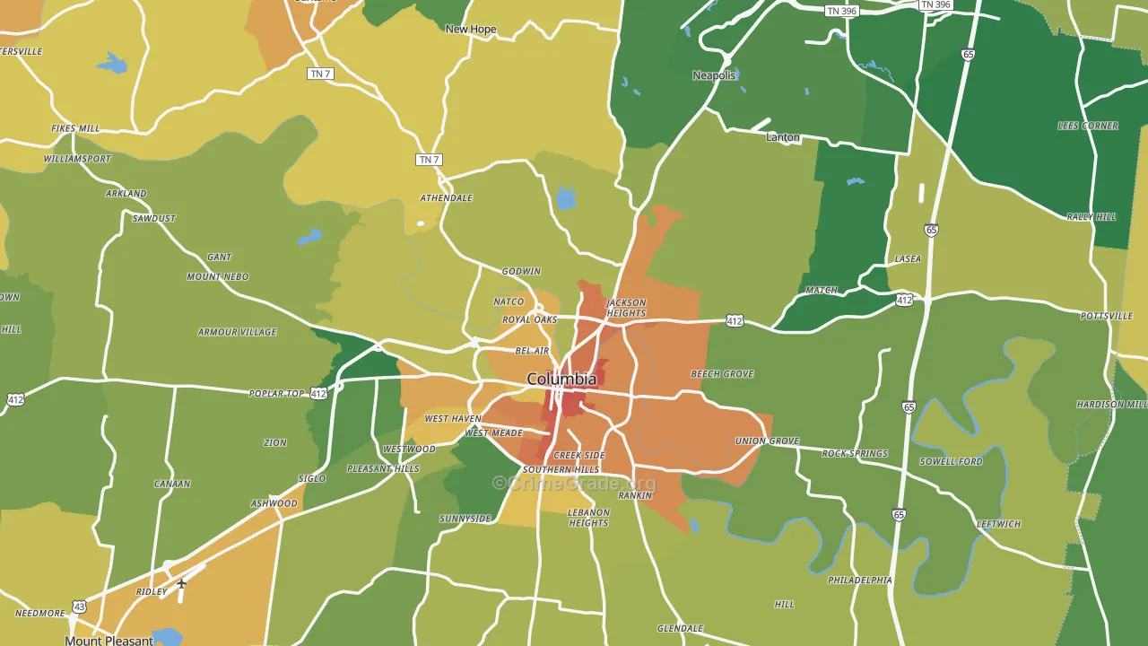 Maury County, TN Map of Burglary Rates