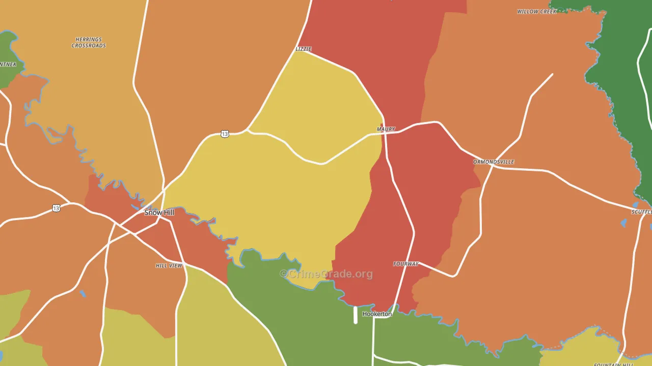 Maury, NC Map of Burglary Rates