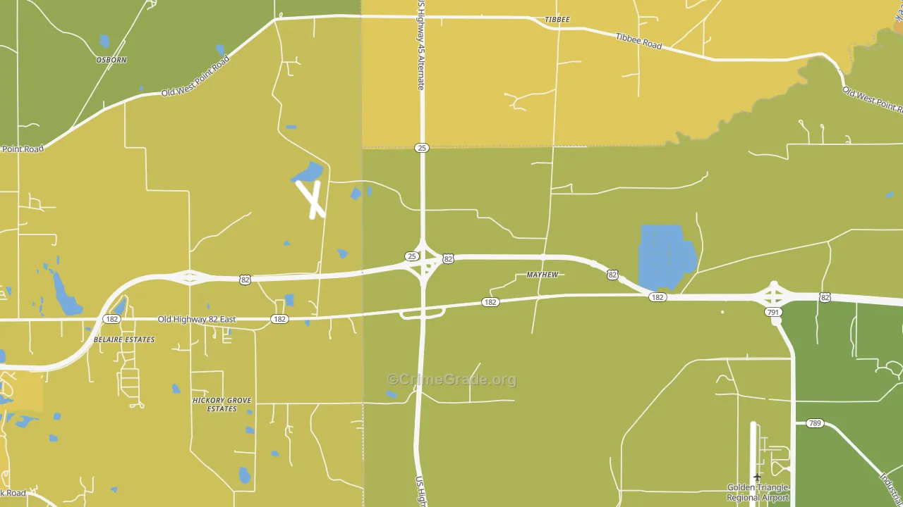 Mayhew, MS Map of Burglary Rates