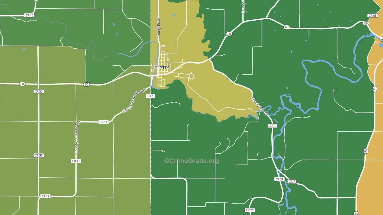 Mazeppa, MN Map of Burglary Rates