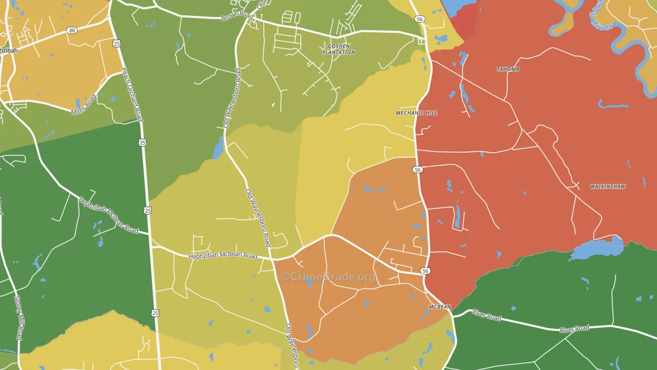 Mcbean, Hephzibah, GA Map of Burglary Rates