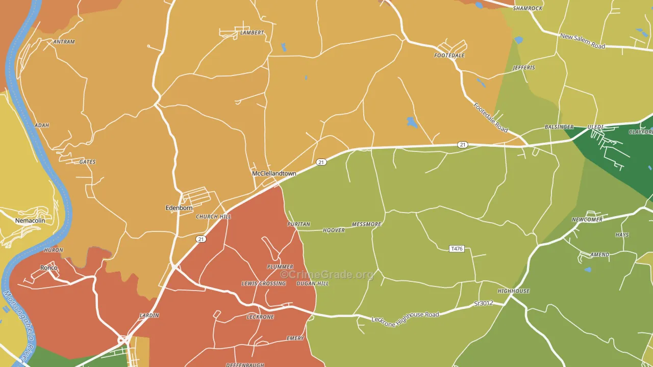 McClellandtown, PA Map of Burglary Rates