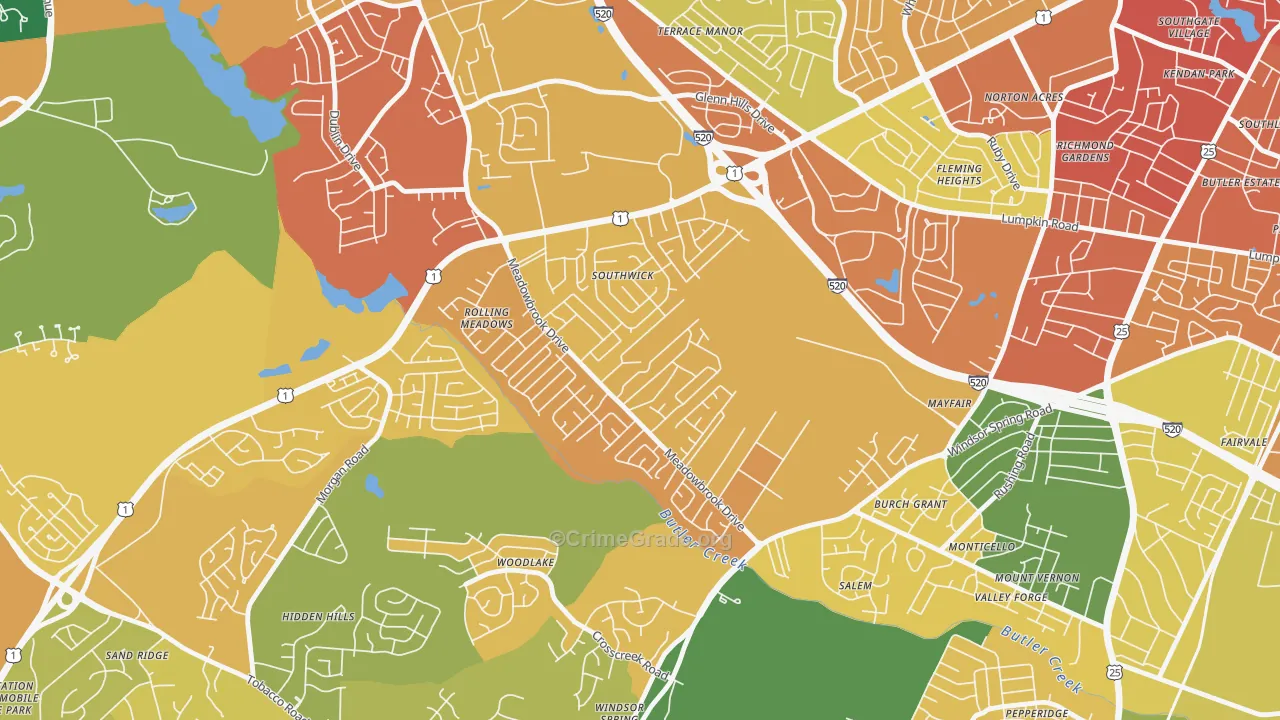 Meadowbrook, Augusta, GA Map of Burglary Rates