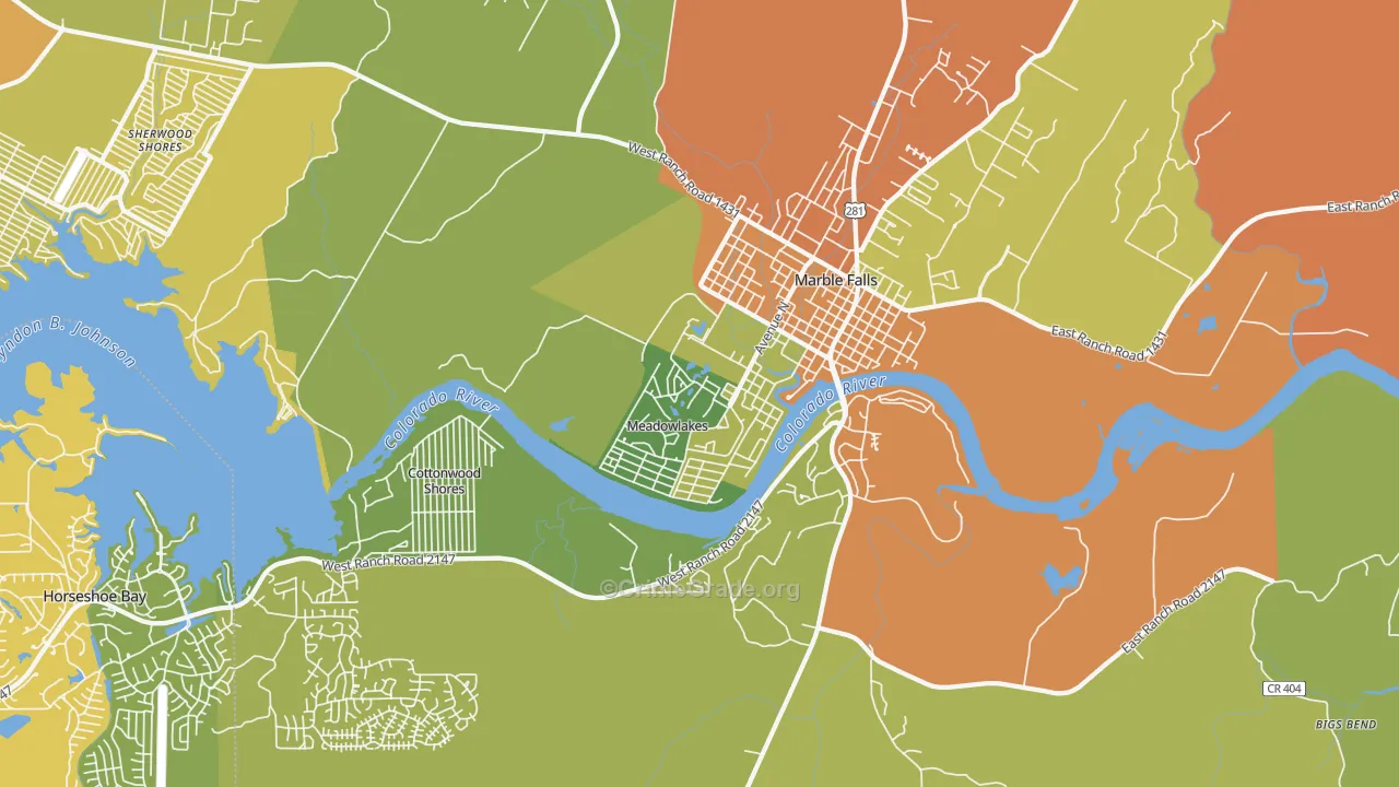 Meadowlakes, TX Map of Burglary Rates