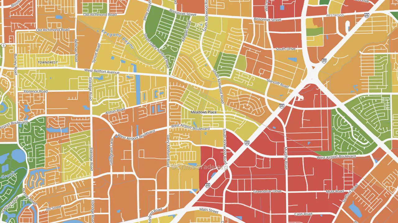 Meadows Place, TX Map of Burglary Rates