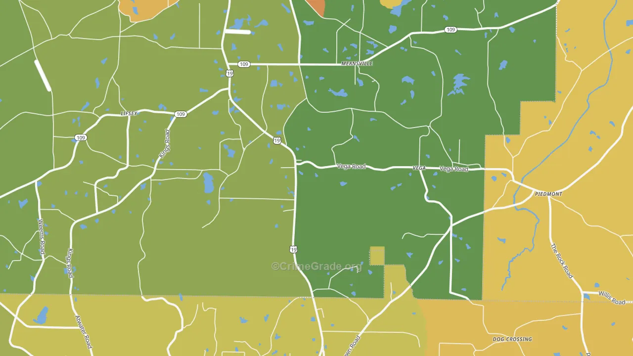 Meansville, GA Map of Burglary Rates